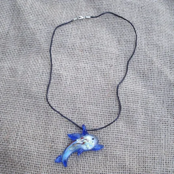Murano Glass Blue Dolphin Pendant Necklace - Picture 2 of 15